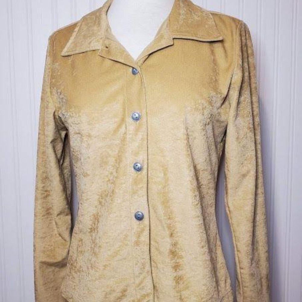 Vintage Jordache Fashion Womens Tan Velvet Long Sleeve Button Up Shirt Top Sz M